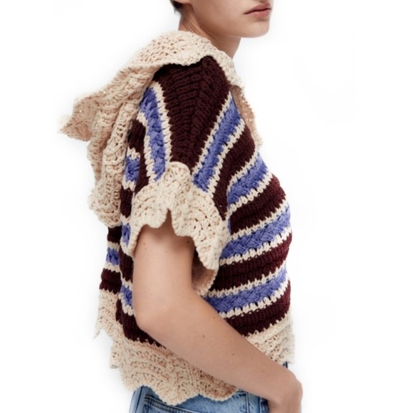 ZARA Striped Crochet Hooded Sweater Size M - Picture 7 of 8